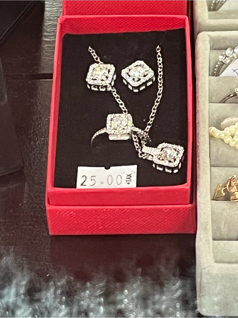 Sterling Silver Cubic Zirconia Square Pendant & Earrings Set - Silver